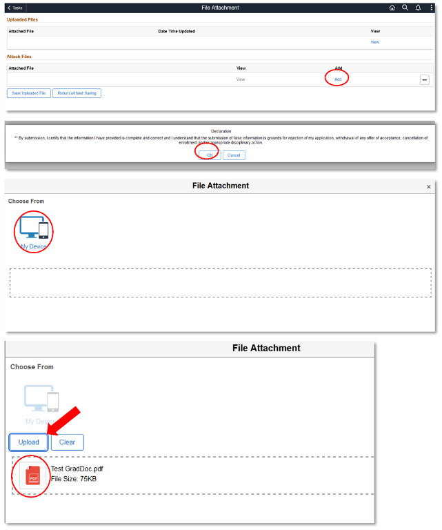 Add in File Attachment, OK in Declaration, My Device and Upload circled red