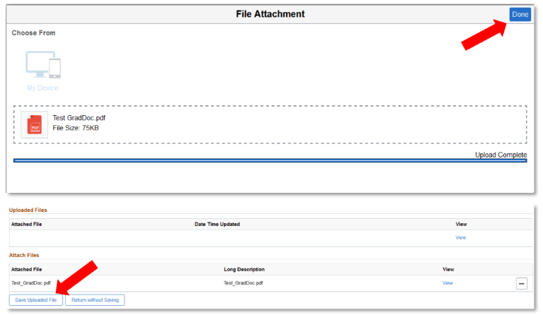 red arrows pointing to Done and Save Uploaded File