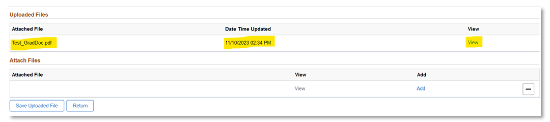 File name, Date Time Updated example and View link highlighted