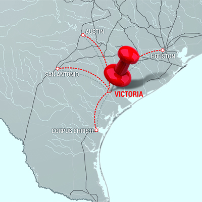 Push pin indicating location of Victoria Texas