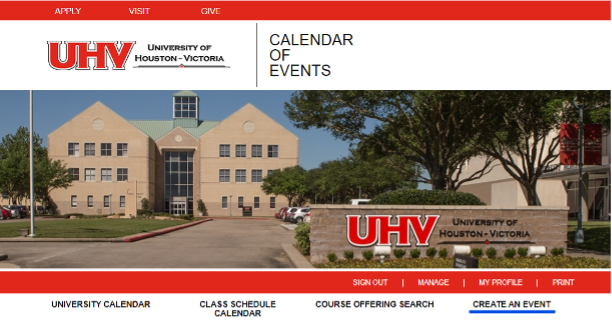 Screen shot of UHV calendar tool bar with Create an Event underlined