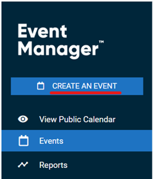 Screen shot of Event Manager section with 'create an event' underlined