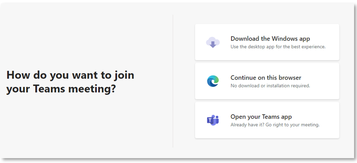 A screen shot of a Teams meeting opening in a browser with options