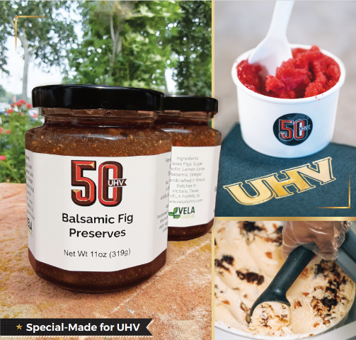 Photo showing a jar of jam, a cup of sobet and a scoop of ice cream with UHV themes