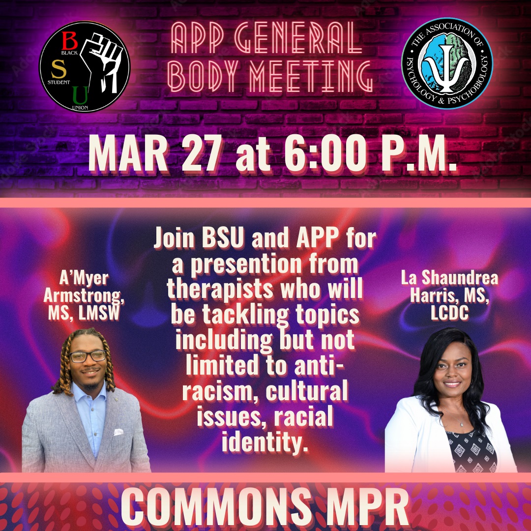 Join the APP and BSU general body meeting for a presentation on March 27, 2024, at 6 p.m.
