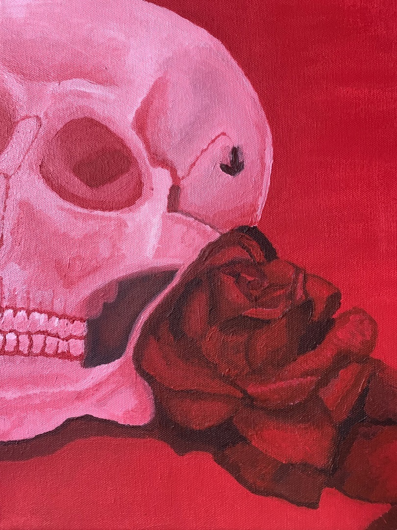 Student art: Paining of a skull and rose by Alexandria Grant