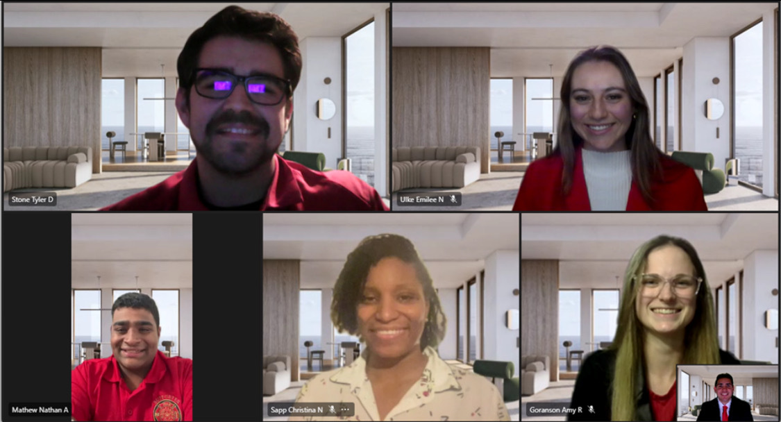 Members of the winning team from the fall 2023 UHV Bachelor of Business Administration Case Conference. Shown in the video chat clockwise from top left are: Tyler Stone, Emilee Ulke, Amy Goranson, Ivan Garza, Christina Sapp and Nathan Mathew.