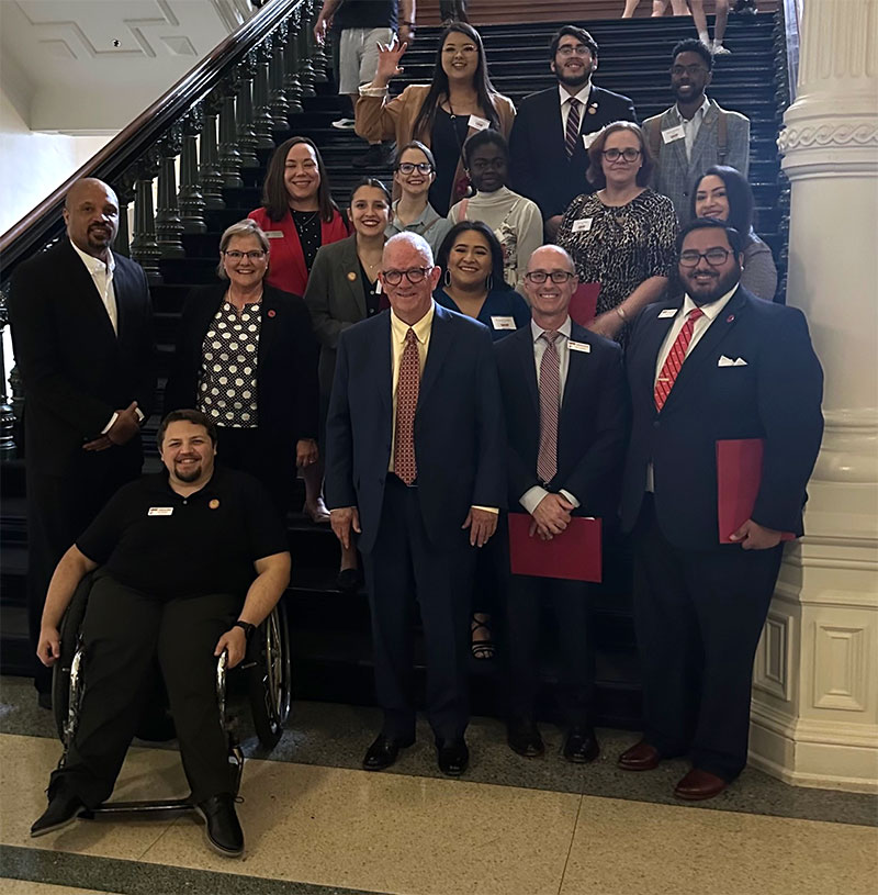 Administrators and student leaders from the University of Houston-Victoria pose for a picture Tuesday inside the Texas Capitol during the UHV Day at the Capitol event.