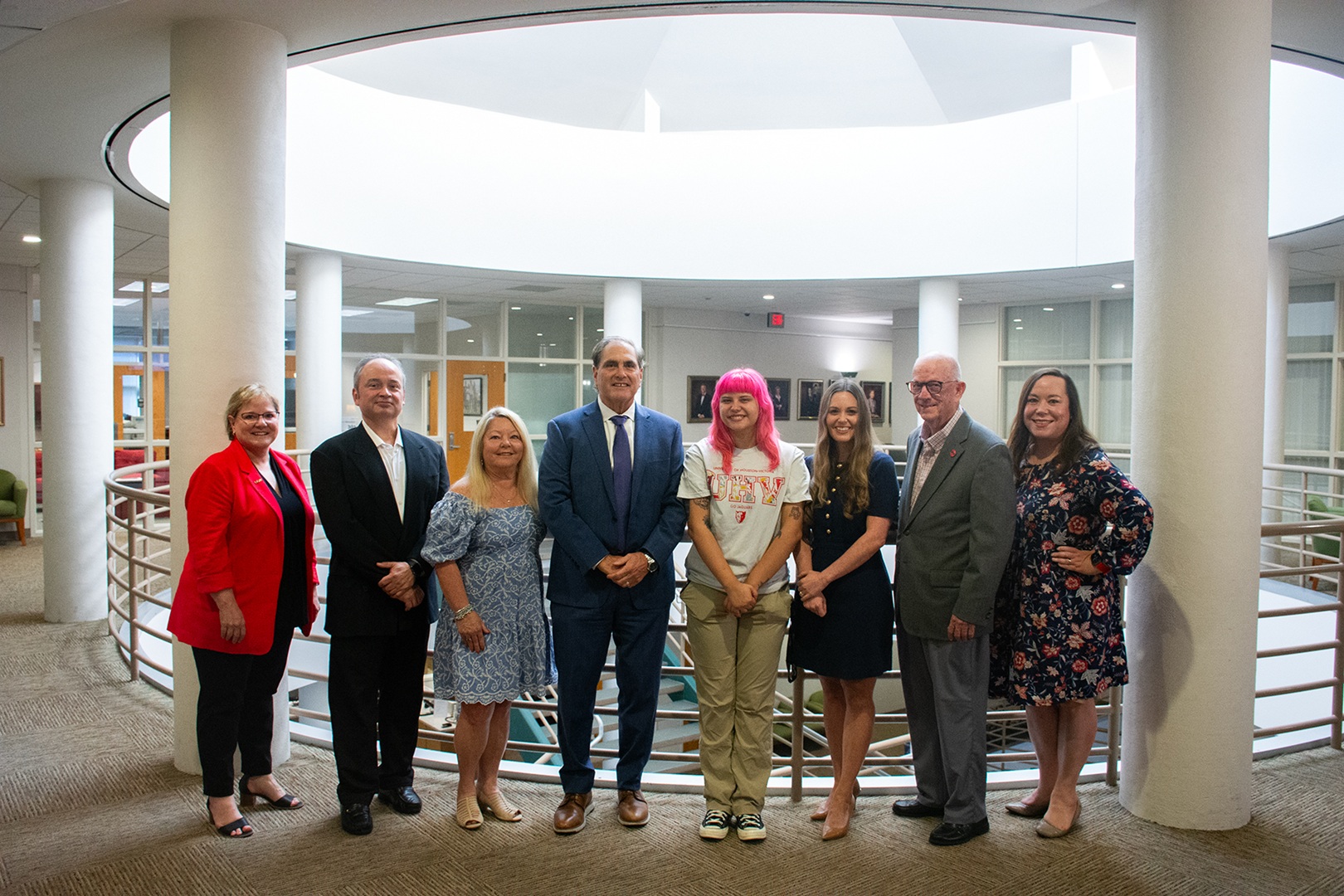 Senior business student Julie Martinez, center, alongside UHV administrators and donors, celebrating her selection as the first recipient of the Friends Residential Scholarship, which supports business students living on campus, 2024