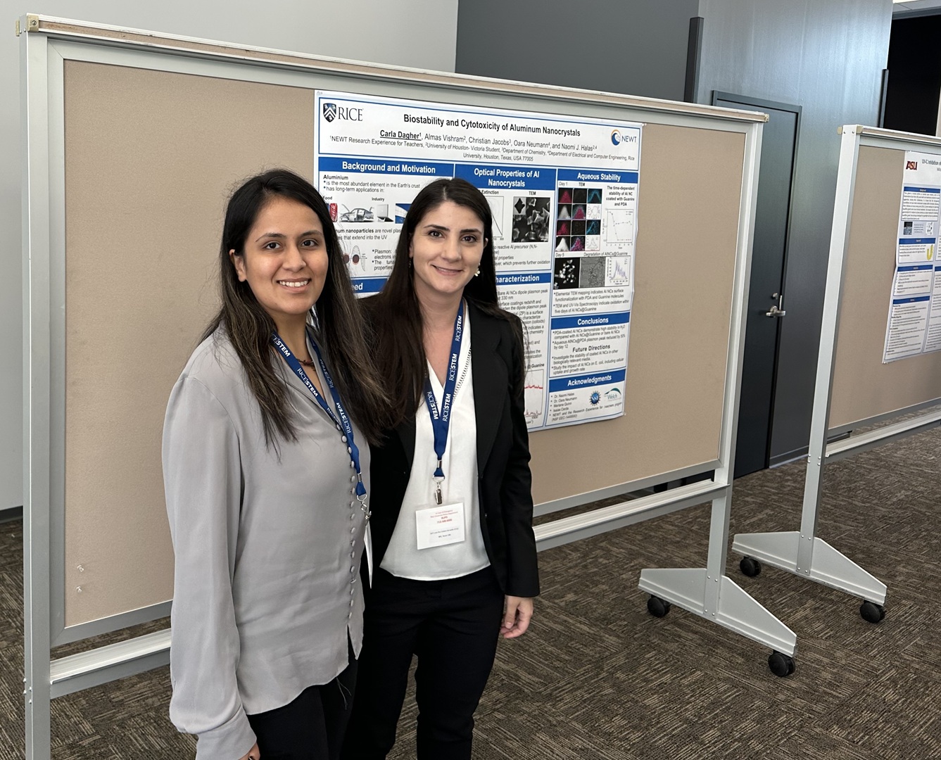UHV graduate students Almas Vishram of Houston, left, and Carla Dagher of Katy presented research on July 18 at the conclusion of the NEWT Research Experience for Teachers hosted at Rice University from June 5 to July 18.