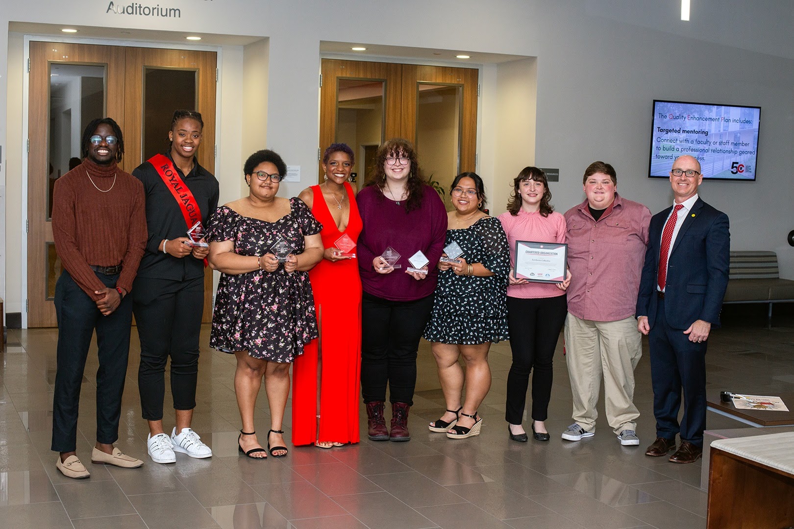 Members of Earthwise Collective and the Black Student Union pose for a portrait at the 11th annual UHV Student Organization and Leadership Banquet in May 2024, celebrating their recognition as Student Organization of the Year.