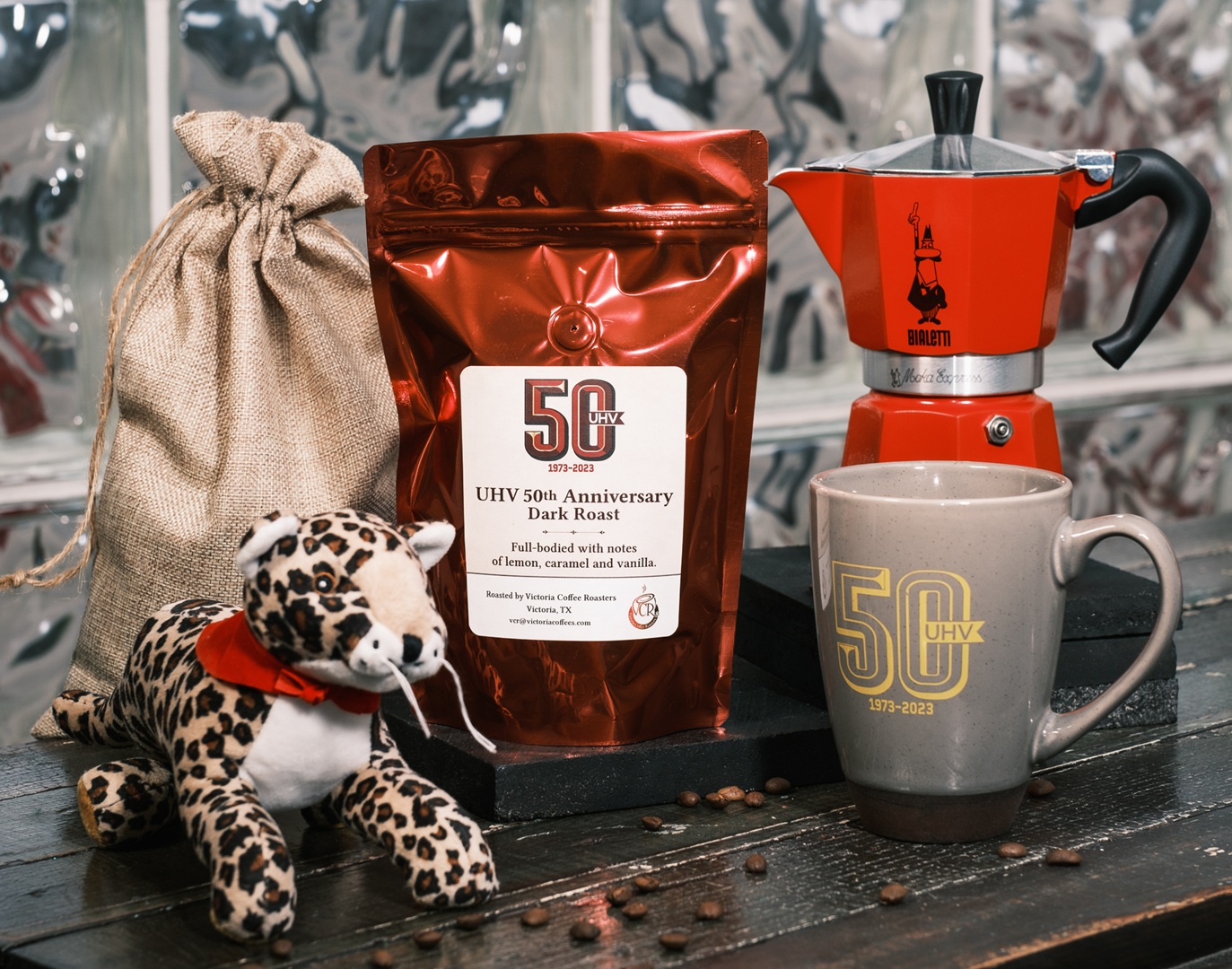 The UHV 50th Anniversary coffee is a dark roasted blend consisting of beans from Brazil, Peru and Honduras.
